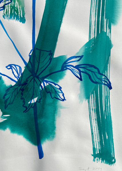 Blue Dahlia on Bright Green Strokes