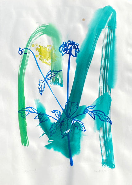 Blue Dahlia on Bright Green Strokes