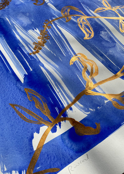 Gold Poke Branches on Denim Blue Swoosh