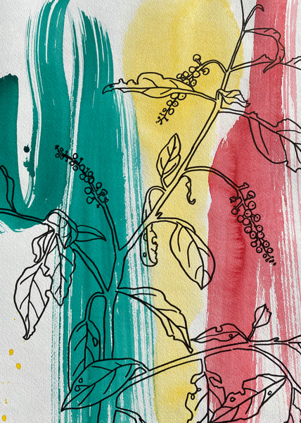 Pokeberry with Red, Yellow, Green