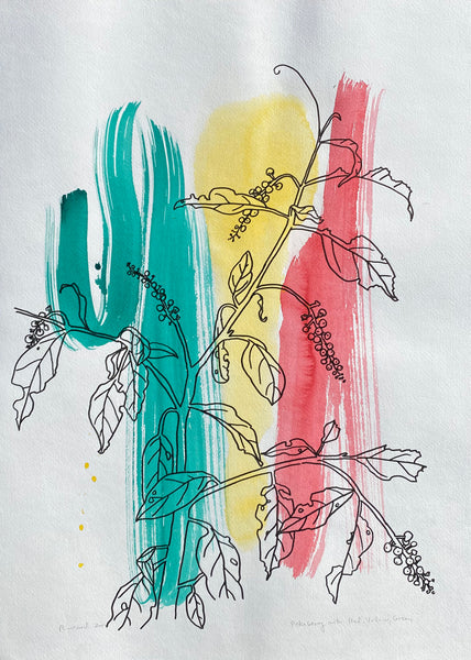 Pokeberry with Red, Yellow, Green